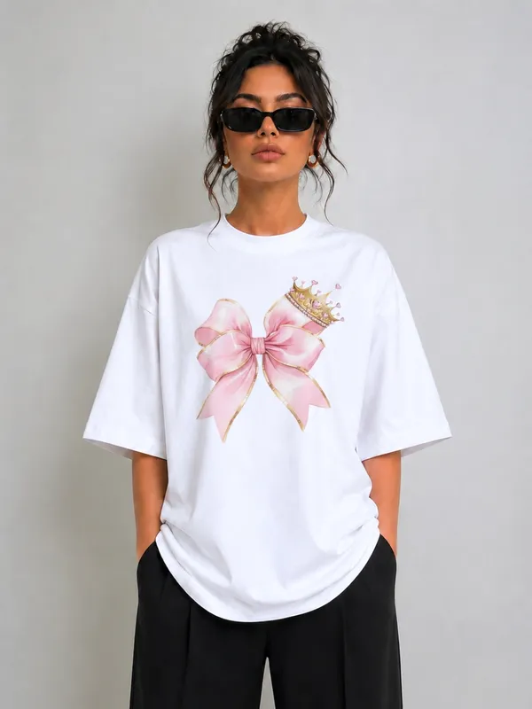 Blacksmith_White_Princess_Bow_Oversized_Rich_Cotton_Graphic_Print_T-Shirt_for_Women_&_Girls
