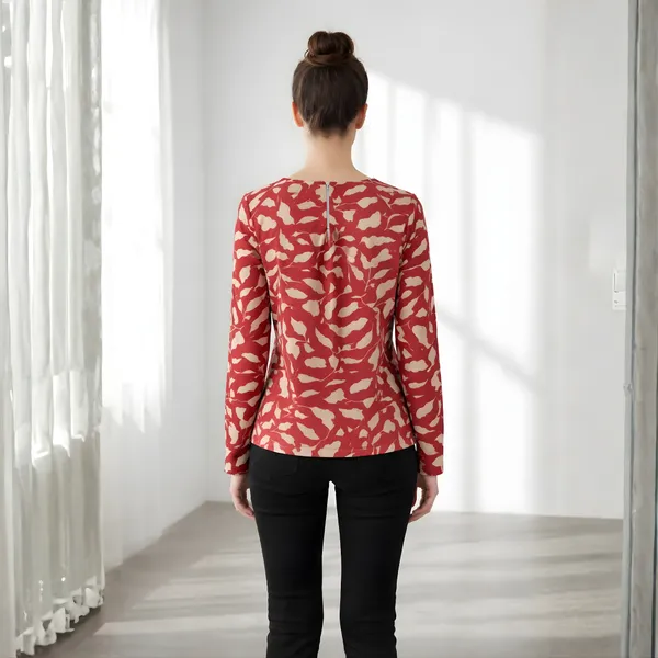 BLACKSMITH_Red_&_Beige_Ivory_Leaf's_Keyhole_Neck_Formal_Office_Shirt_for_Women_|_Women_Stylish_Western_Tops