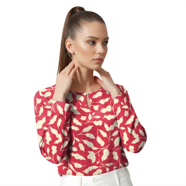 BLACKSMITH_Red_&_Beige_Ivory_Leaf's_Keyhole_Neck_Formal_Office_Shirt_for_Women_|_Women_Stylish_Western_Tops