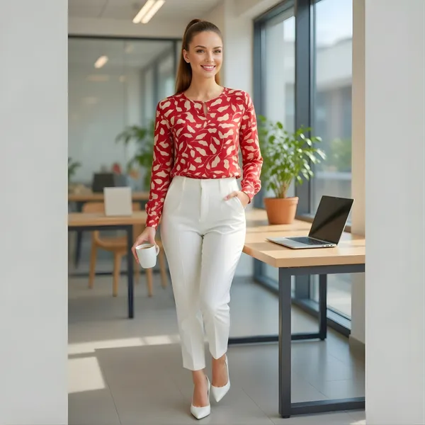 BLACKSMITH_Red_&_Beige_Ivory_Leaf's_Keyhole_Neck_Formal_Office_Shirt_for_Women_|_Women_Stylish_Western_Tops