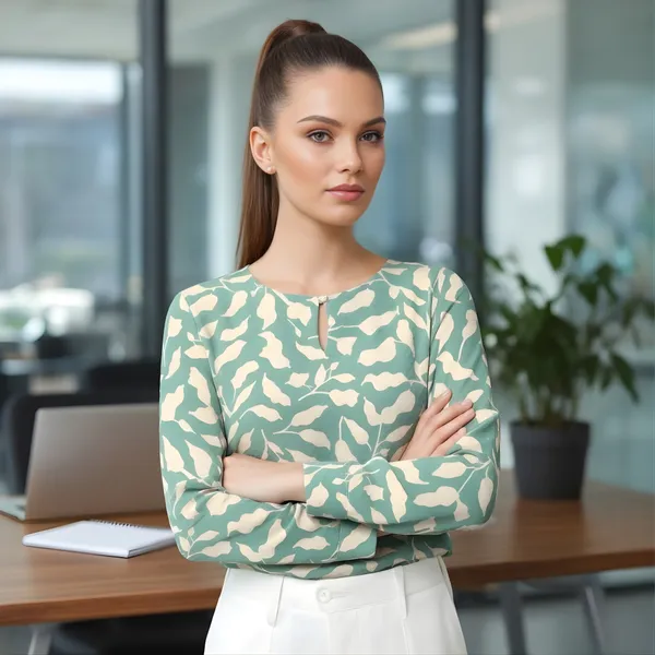 BLACKSMITH_Mint_&_Beige_Ivory_Leaf's_Keyhole_Neck_Formal_Office_Shirt_for_Women_|_Women_Stylish_Western_Tops