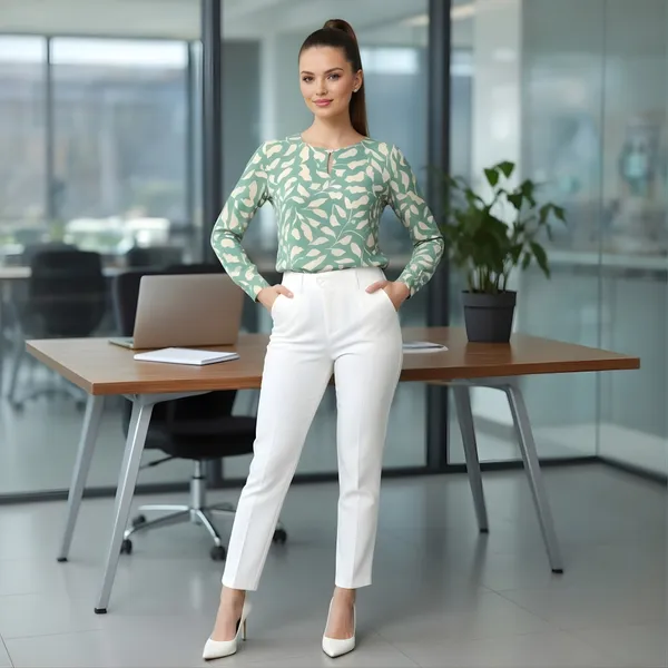 BLACKSMITH_Mint_&_Beige_Ivory_Leaf's_Keyhole_Neck_Formal_Office_Shirt_for_Women_|_Women_Stylish_Western_Tops