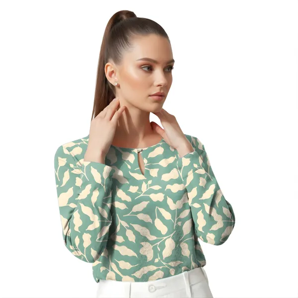 BLACKSMITH_Mint_&_Beige_Ivory_Leaf's_Keyhole_Neck_Formal_Office_Shirt_for_Women_|_Women_Stylish_Western_Tops