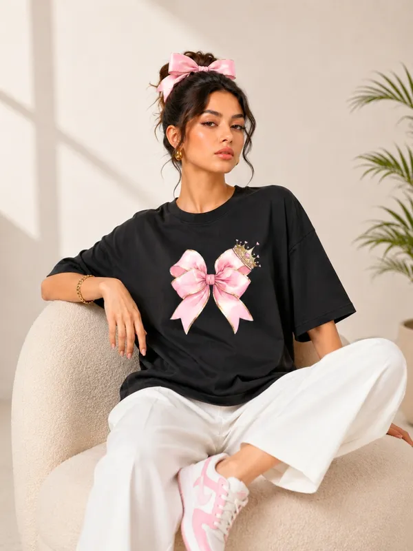Blacksmith_Black_Princess_Bow_Oversized_Rich_Cotton_Graphic_Print_T-Shirt_for_Women_&_Girls