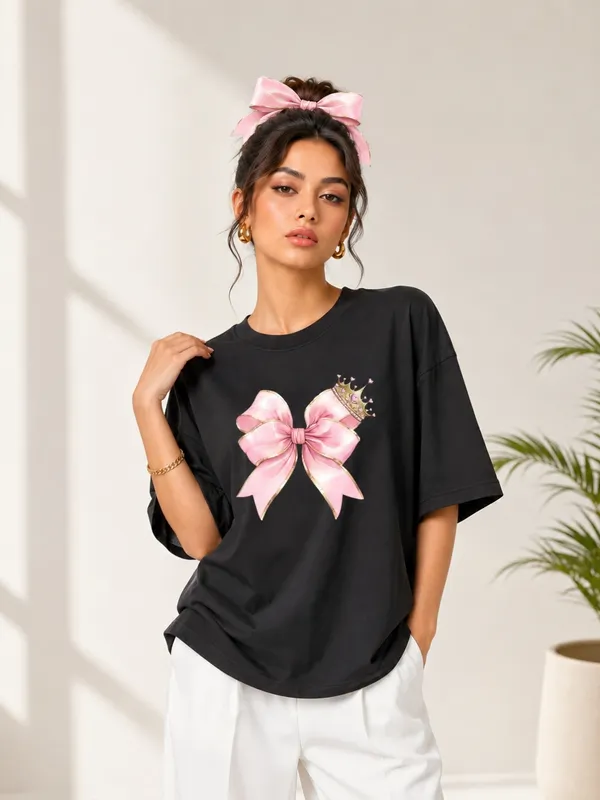 Blacksmith_Black_Princess_Bow_Oversized_Rich_Cotton_Graphic_Print_T-Shirt_for_Women_&_Girls