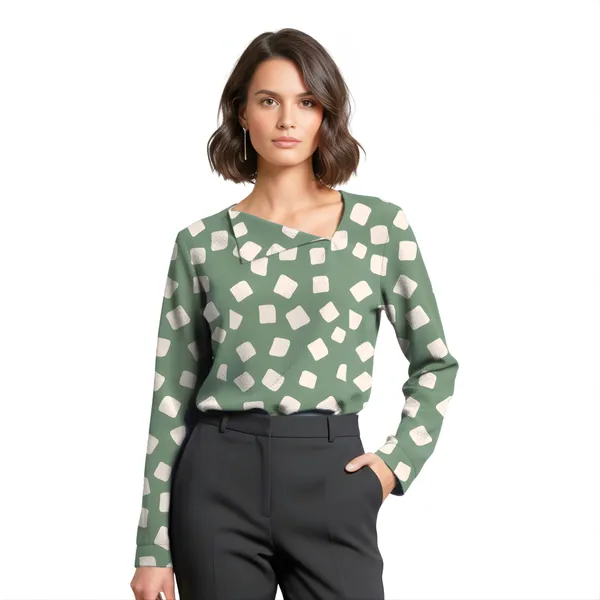 BLACKSMITH_Green_&_Beige_Cloud_Square_Asymmetrical_Formal_Office_Shirt_for_Women_|_Women_Stylish_Western_Tops