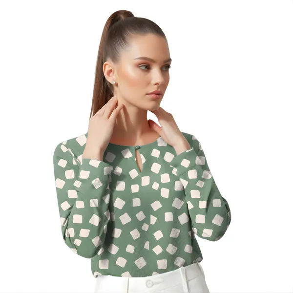 BLACKSMITH_Green_&_Beige_Cloud_Square_Keyhole_Neck_Full_Sleeve_Formal_Office_Shirt_for_Women_|_Women_Stylish_Western_Tops