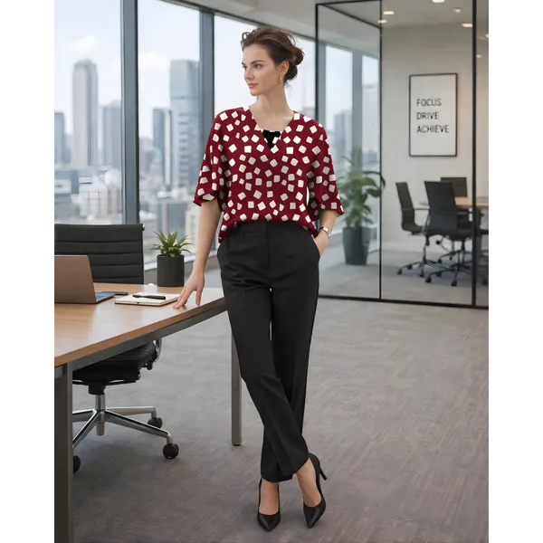BLACKSMITH_Maroon_&_Beige_Cloud_Square_Layered_V-neck_Dolman_Sleeve_Formal_Office_Shirt_for_Women_|_Women_Stylish_Western_Tops