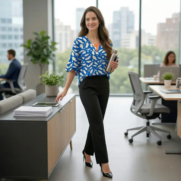 BLACKSMITH_Navy_&_Beige_Ivory_Leaf's_V-Neck_Dolman_Sleeve_Formal_Office_Shirt_for_Women_|_Women_Stylish_Western_Tops