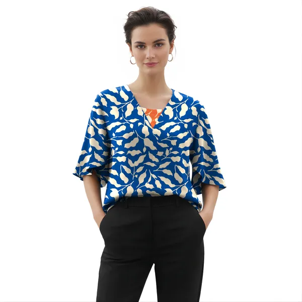 BLACKSMITH_Navy_&_Beige_Ivory_Leaf's_V-Neck_Dolman_Sleeve_Formal_Office_Shirt_for_Women_|_Women_Stylish_Western_Tops