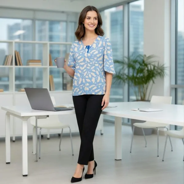 BLACKSMITH_Sky_Blue_&_Beige_Ivory_Leaf's_V-Neck_Dolman_Sleeve_Formal_Office_Shirt_for_Women_|_Women_Stylish_Western_Tops