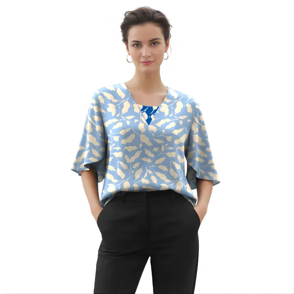 BLACKSMITH_Sky_Blue_&_Beige_Ivory_Leaf's_V-Neck_Dolman_Sleeve_Formal_Office_Shirt_for_Women_|_Women_Stylish_Western_Tops