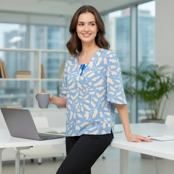 BLACKSMITH_Sky_Blue_&_Beige_Ivory_Leaf's_V-Neck_Dolman_Sleeve_Formal_Office_Shirt_for_Women_|_Women_Stylish_Western_Tops