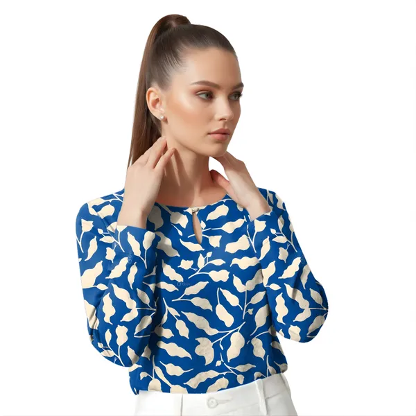 BLACKSMITH_Navy_&_Beige_Ivory_Leaf's_Keyhole_Neck_Formal_Office_Shirt_for_Women_|_Women_Stylish_Western_Tops