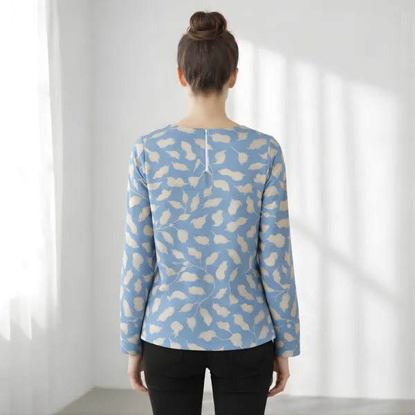 BLACKSMITH_Sky_Blue_&_Beige_Ivory_Leaf's_Keyhole_Neck_Formal_Office_Shirt_for_Women_|_Women_Stylish_Western_Tops