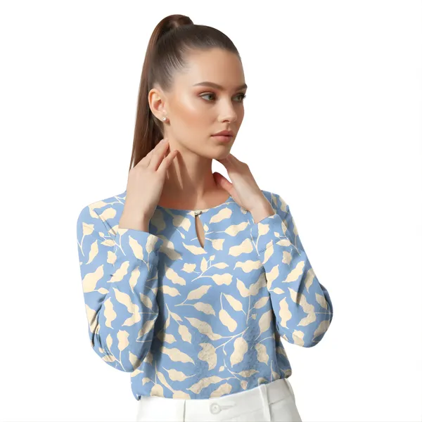 BLACKSMITH_Sky_Blue_&_Beige_Ivory_Leaf's_Keyhole_Neck_Formal_Office_Shirt_for_Women_|_Women_Stylish_Western_Tops