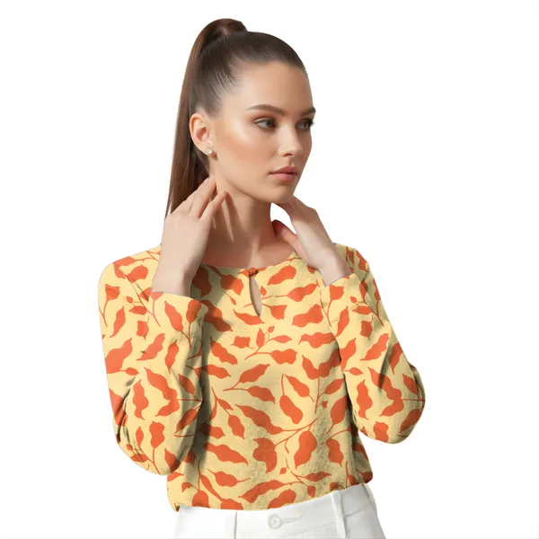 BLACKSMITH_Beige_&_Orange_Ivory_Leaf's_Keyhole_Neck_Formal_Office_Shirt_for_Women_|_Women_Stylish_Western_Tops