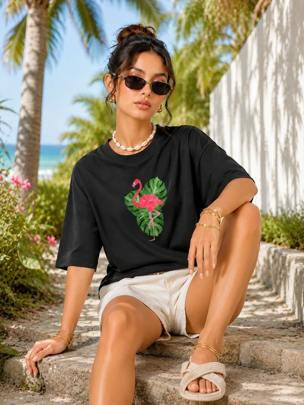 Blacksmith_Black_Tropical_Flamingo_Oversized_Rich_Cotton_Graphic_Print_T-Shirt_for_Women_&_Girls