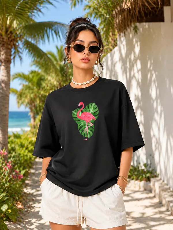 Blacksmith_Black_Tropical_Flamingo_Oversized_Rich_Cotton_Graphic_Print_T-Shirt_for_Women_&_Girls
