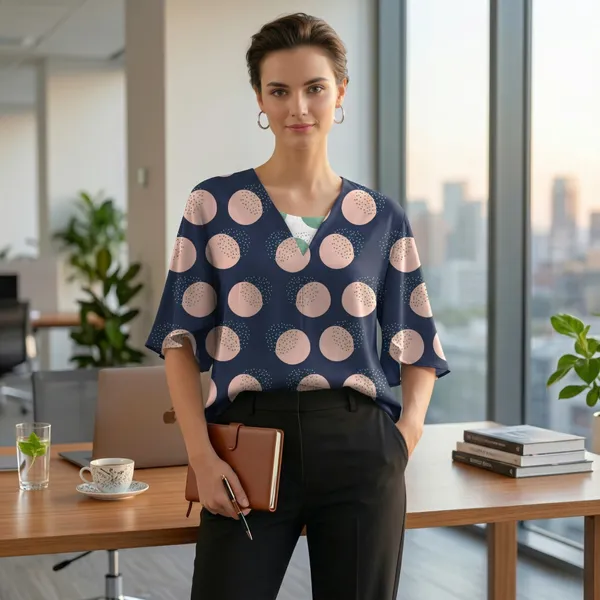 BLACKSMITH_Navy_&_Peach_Lunar_Speckle_Layerd_V-Neck_Dolman_Formal_Office_Shirt_for_Women_|_Women_Stylish_Western_Tops