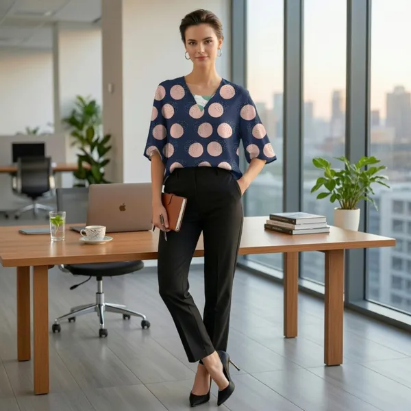 BLACKSMITH_Navy_&_Peach_Lunar_Speckle_Layerd_V-Neck_Dolman_Formal_Office_Shirt_for_Women_|_Women_Stylish_Western_Tops