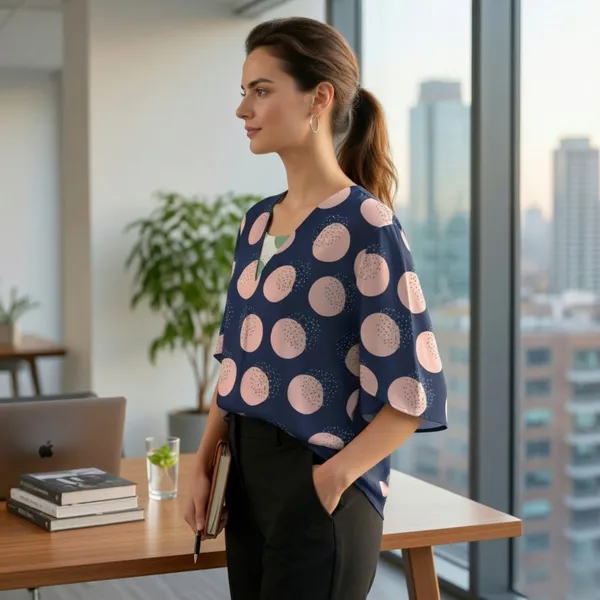 BLACKSMITH_Navy_&_Peach_Lunar_Speckle_Layerd_V-Neck_Dolman_Formal_Office_Shirt_for_Women_|_Women_Stylish_Western_Tops