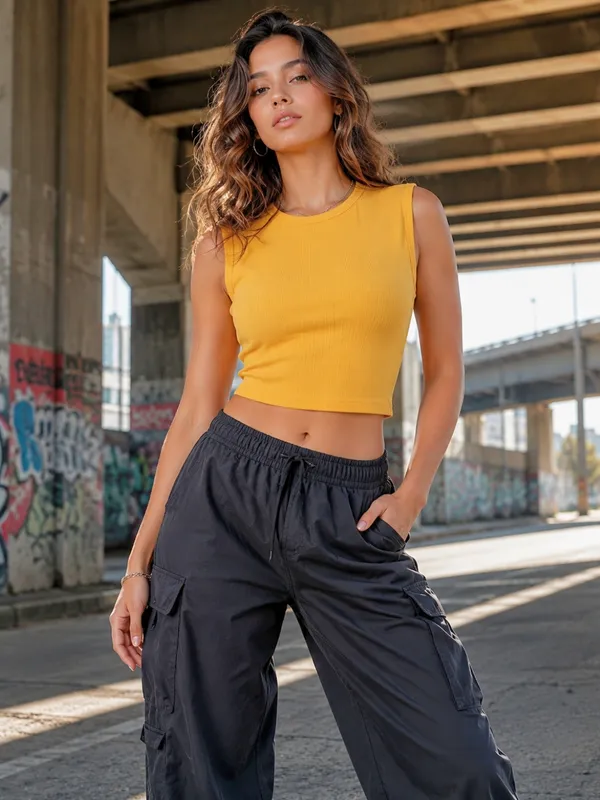 Blacksmith_Women's_&_Girls'_Yellow_Sleeveless_Knitted_Solid_Crew_Neck_Tank_Top_/_Crop_Top