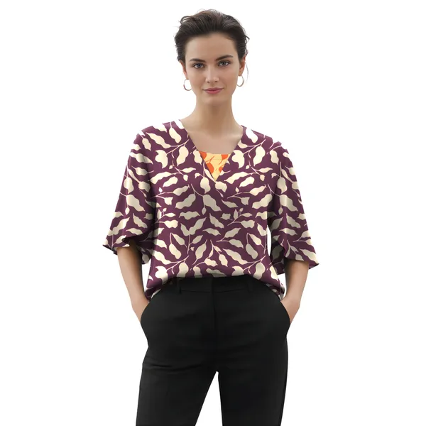 BLACKSMITH_Purple_&_Beige_Ivory_Leaf's_V-Neck_Dolman_Sleeve_Formal_Office_Shirt_for_Women_|_Women_Stylish_Western_Tops
