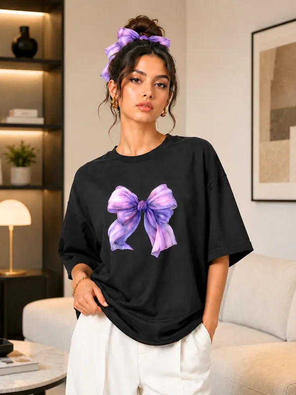 Blacksmith_Black_Lavender_Bow_Oversized_Rich_Cotton_Graphic_Print_T-Shirt_for_Women_&_Girls