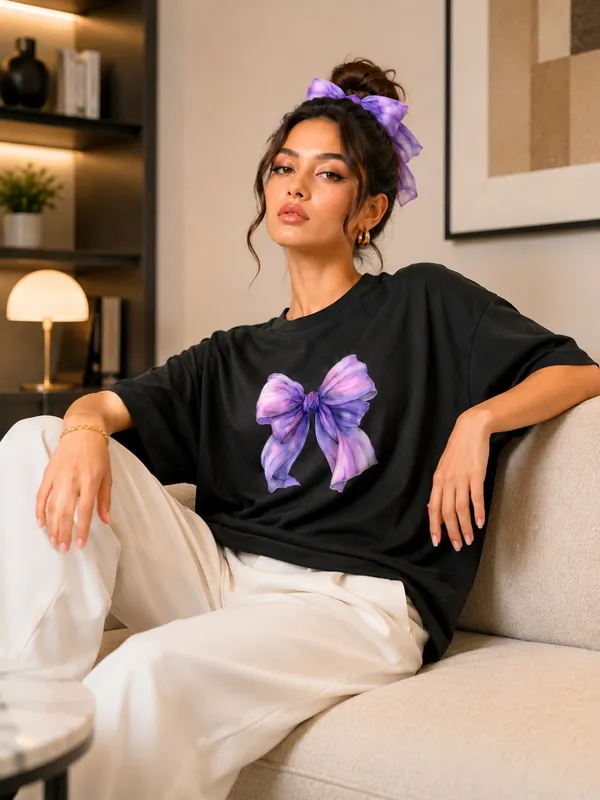 Blacksmith_Black_Lavender_Bow_Oversized_Rich_Cotton_Graphic_Print_T-Shirt_for_Women_&_Girls