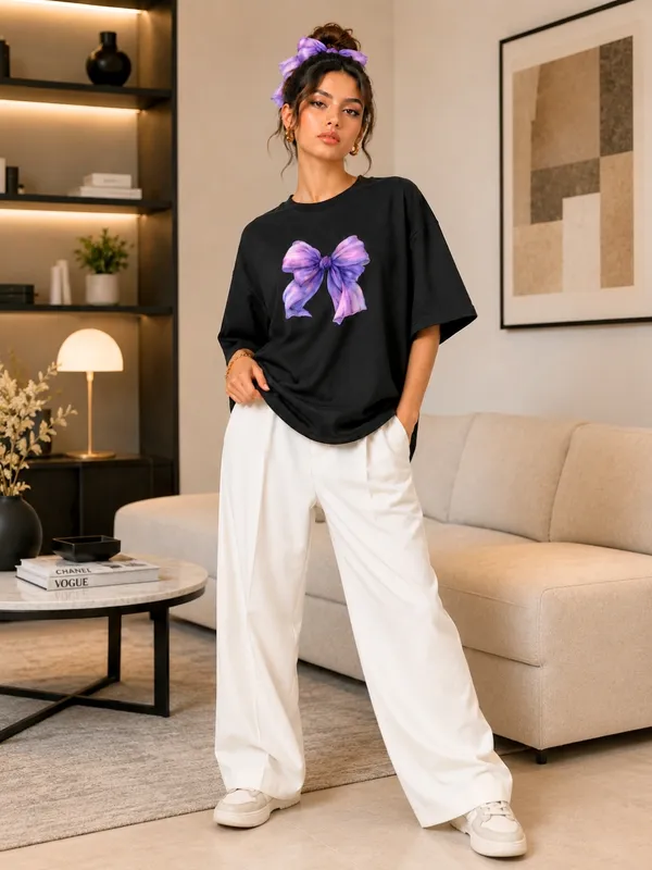 Blacksmith_Black_Lavender_Bow_Oversized_Rich_Cotton_Graphic_Print_T-Shirt_for_Women_&_Girls