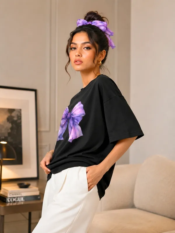 Blacksmith_Black_Lavender_Bow_Oversized_Rich_Cotton_Graphic_Print_T-Shirt_for_Women_&_Girls
