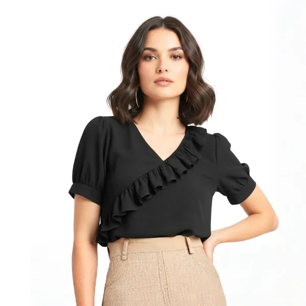 BLACKSMITH_Black_Ruffled_V-_Neck_Formal_Office_Shirt_for_Women_|_Women_Stylish_Western_Tops