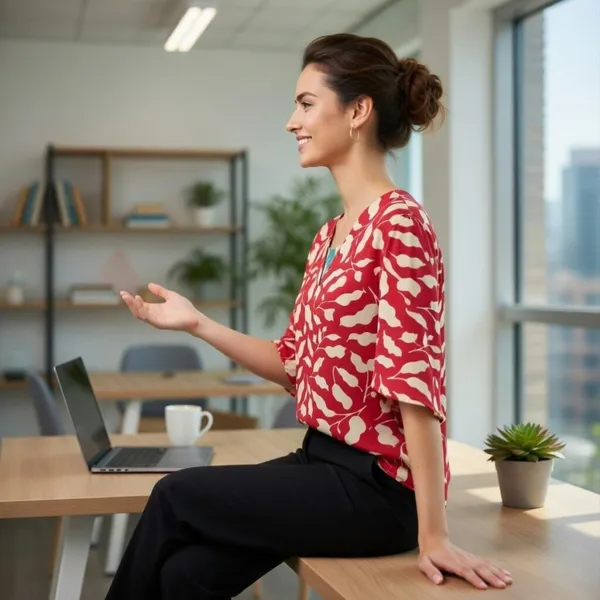 BLACKSMITH_Red_&_Beige_Ivory_Leaf's_V-Neck_Dolman_Sleeve_Formal_Office_Shirt_for_Women_|_Women_Stylish_Western_Tops