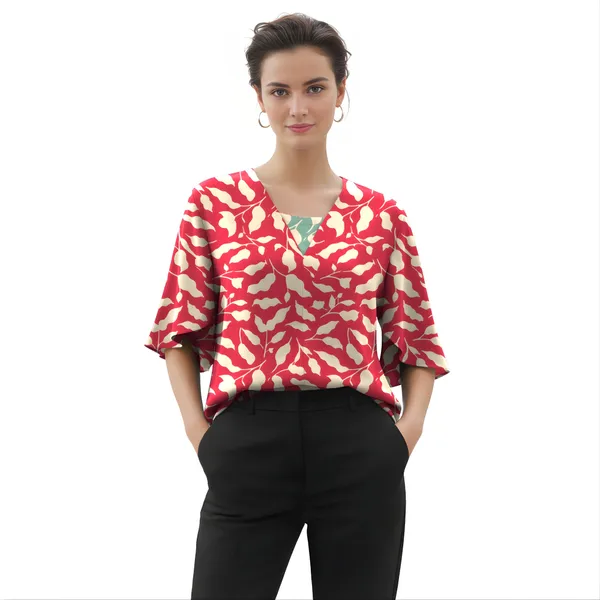 BLACKSMITH_Red_&_Beige_Ivory_Leaf's_V-Neck_Dolman_Sleeve_Formal_Office_Shirt_for_Women_|_Women_Stylish_Western_Tops