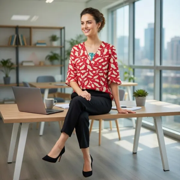 BLACKSMITH_Red_&_Beige_Ivory_Leaf's_V-Neck_Dolman_Sleeve_Formal_Office_Shirt_for_Women_|_Women_Stylish_Western_Tops