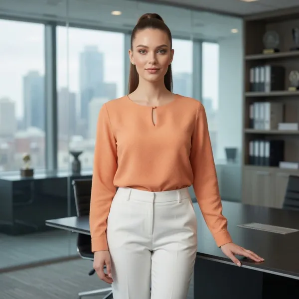 BLACKSMITH_Orange_Keyhole_Neck_Formal_Office_Shirt_for_Women_|_Women_Stylish_Western_Tops