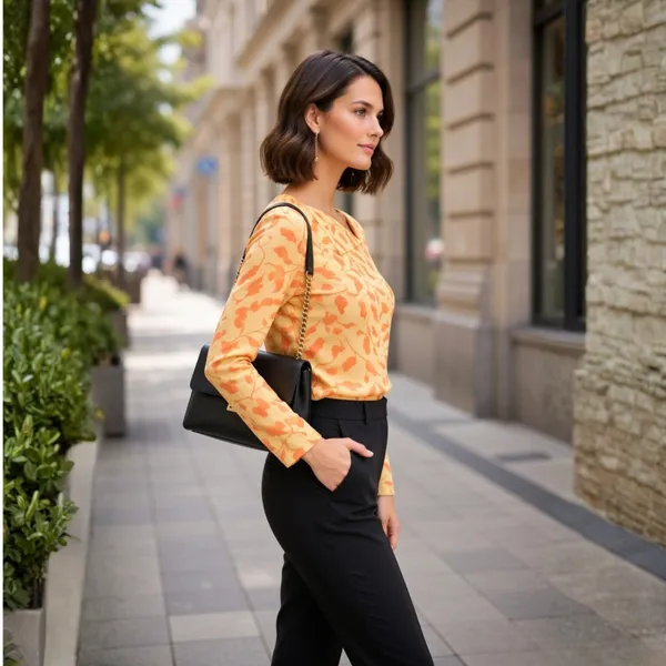 BLACKSMITH_Beige_&_Orange_Ivory_Leaf_Asymmetrical_Formal_Office_Shirt_for_Women_|_Women_Stylish_Western_Tops