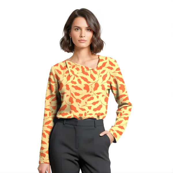 BLACKSMITH_Beige_&_Orange_Ivory_Leaf_Asymmetrical_Formal_Office_Shirt_for_Women_|_Women_Stylish_Western_Tops