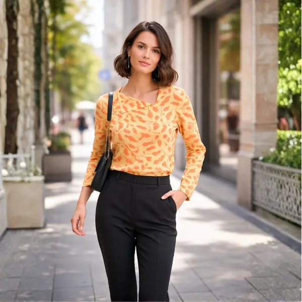 BLACKSMITH_Beige_&_Orange_Ivory_Leaf_Asymmetrical_Formal_Office_Shirt_for_Women_|_Women_Stylish_Western_Tops