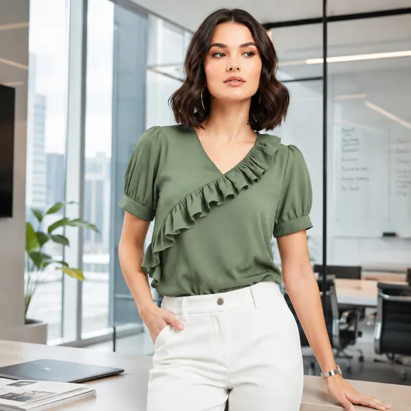 BLACKSMITH_Green_Ruffled_V-_Neck_Formal_Office_Shirt_for_Women_|_Women_Stylish_Western_Tops