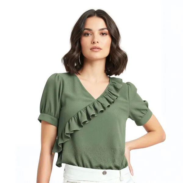 BLACKSMITH_Green_Ruffled_V-_Neck_Formal_Office_Shirt_for_Women_|_Women_Stylish_Western_Tops