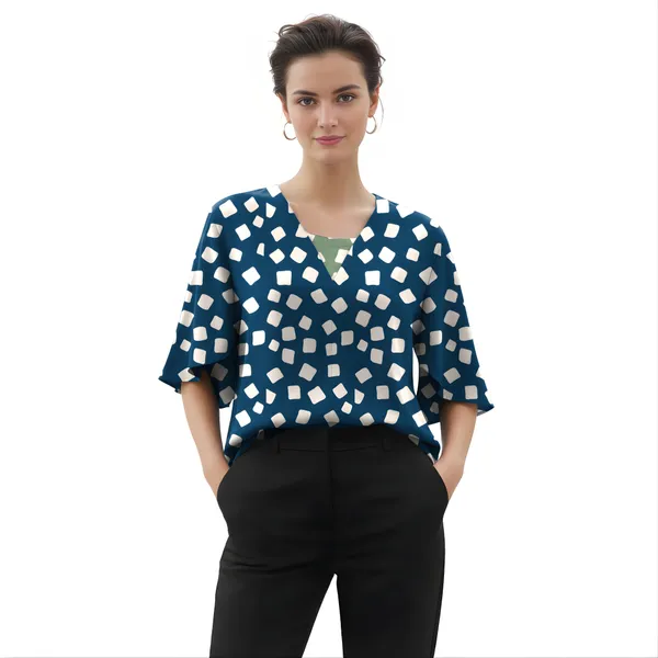 BLACKSMITH_Navy_&_Beige_Cloud_Square_Layered_V-neck_Dolman_Sleeve_Formal_Office_Shirt_for_Women_|_Women_Stylish_Western_Tops