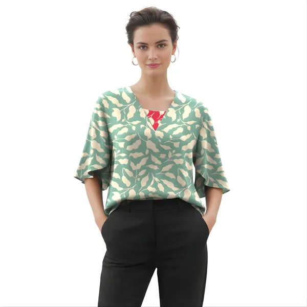 BLACKSMITH_Mint_&_Beige_Ivory_Leaf's_V-Neck_Dolman_Sleeve_Formal_Office_Shirt_for_Women_|_Women_Stylish_Western_Tops