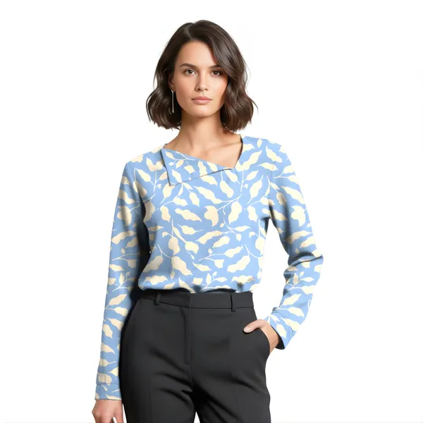 BLACKSMITH_Sky_Blue_&_Beige_Ivory_Leaf_Asymmetrical_Formal_Office_Shirt_for_Women_|_Women_Stylish_Western_Tops