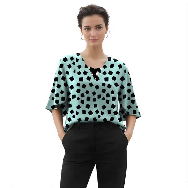 BLACKSMITH_Aqua_&_Black_Cloud_Square_Layered_V-neck_Dolman_Sleeve_Formal_Office_Shirt_for_Women_|_Women_Stylish_Western_Tops