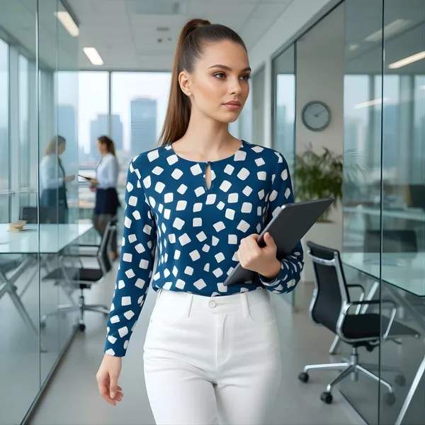 BLACKSMITH_Navy_&_Beige_Cloud_Square_Keyhole_Neck_Full_Sleeve_Formal_Office_Shirt_for_Women_|_Women_Stylish_Western_Tops