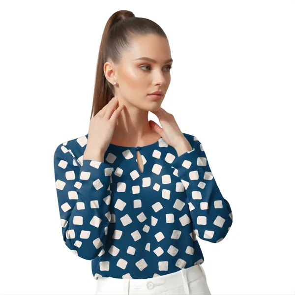 BLACKSMITH_Navy_&_Beige_Cloud_Square_Keyhole_Neck_Full_Sleeve_Formal_Office_Shirt_for_Women_|_Women_Stylish_Western_Tops