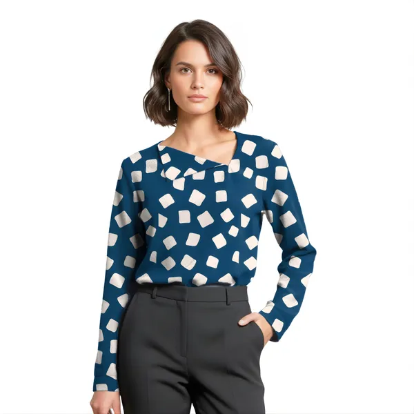 BLACKSMITH_Navy_&_Beige_Cloud_Square_Asymmetrical_Formal_Office_Shirt_for_Women_|_Women_Stylish_Western_Tops