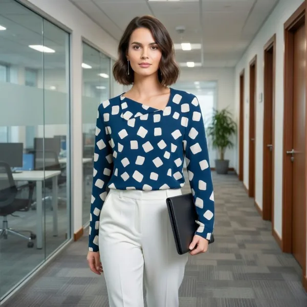 BLACKSMITH_Navy_&_Beige_Cloud_Square_Asymmetrical_Formal_Office_Shirt_for_Women_|_Women_Stylish_Western_Tops
